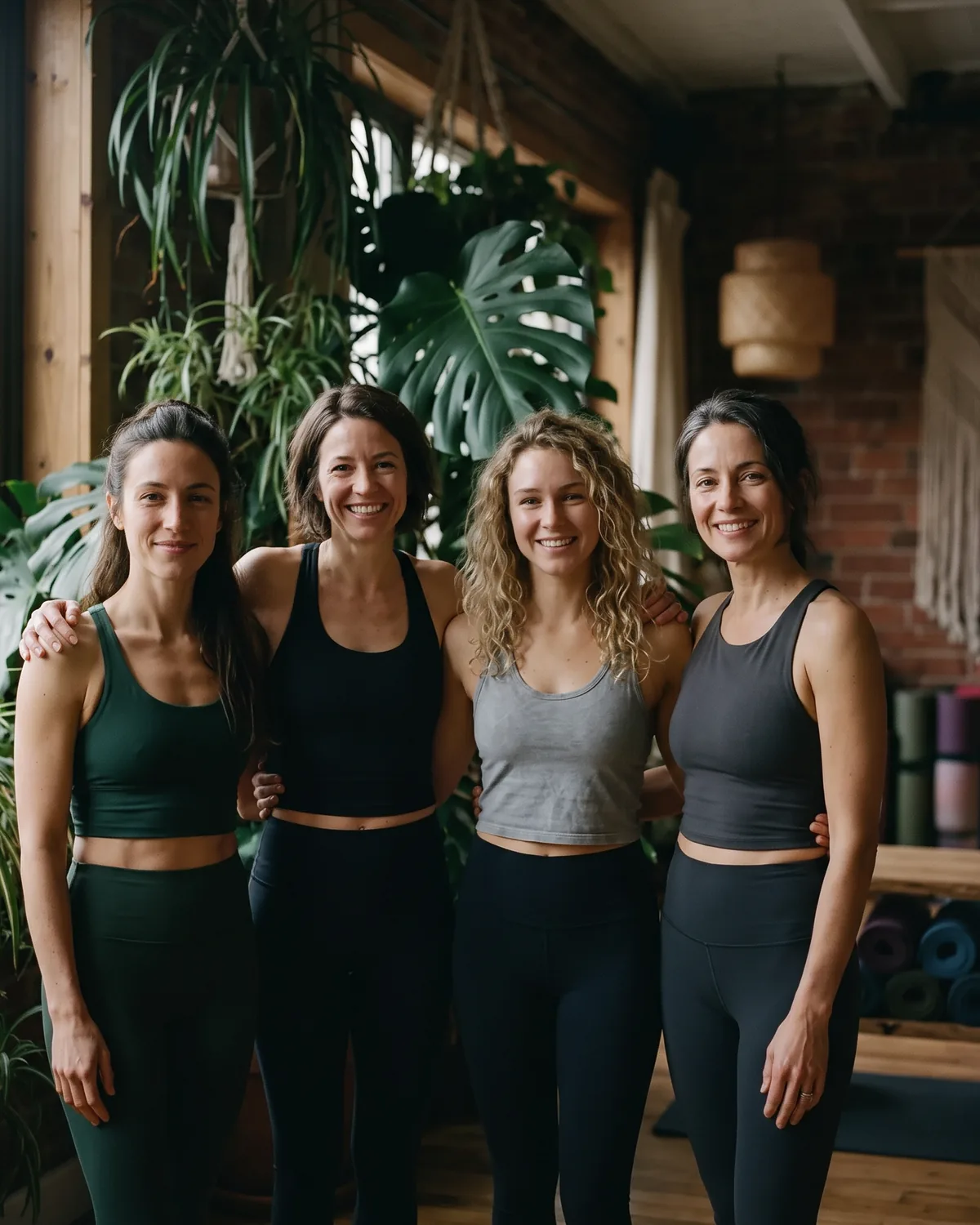 Das Team von Jungle Yoga Arm in Arm im Studio zwischen Pflanzen (Platzhalterbild)